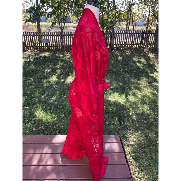 Victorias Secret Gold Label Red Floral Sheer Kimono Robe M/L Polyester Belted - Picture 7 of 8